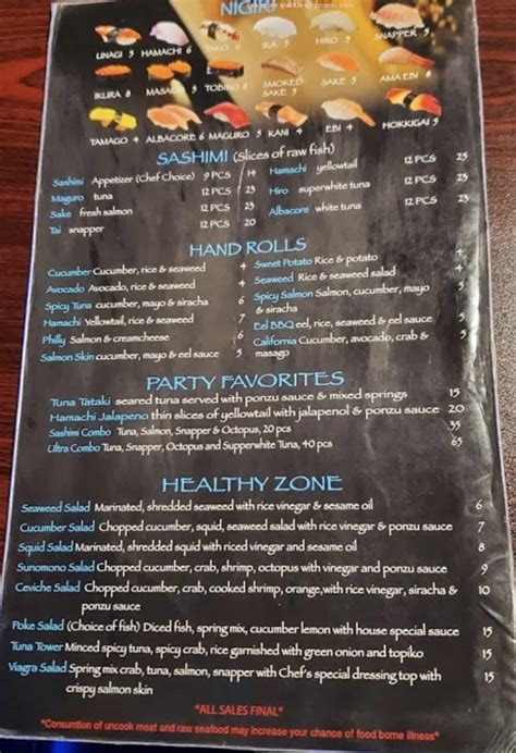 Menu at Sushi House restaurant, Amarillo