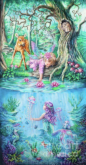 fantasy fairy tale mermaid under water deer owl forest tree green blue art drawing colored ...