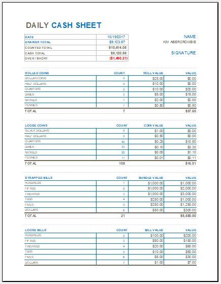 Daily Cash Sheet Template for MS Excel | Excel Templates