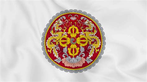 national emblem coat of arms or symbol Kingdom of Bhutan in waving flag ...