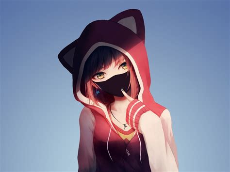 Wallpaper anime girl in hoodie, mask, original desktop wallpaper, hd image, picture, background ...