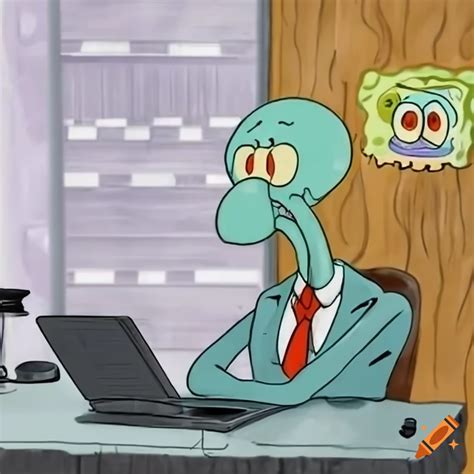 Squidward working at a desk with headphones on Craiyon