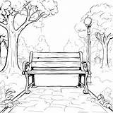 Descarga Ilustración Tranquila De Parque Con Un Banco Y Vegetación  sketch template