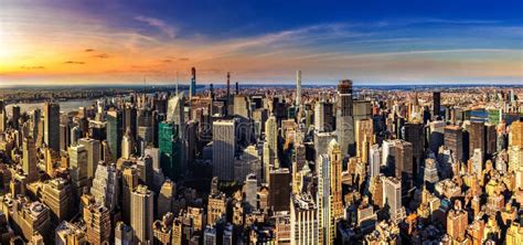 Aerial View of Manhattan at Sunset Stock Image - Image of river ...