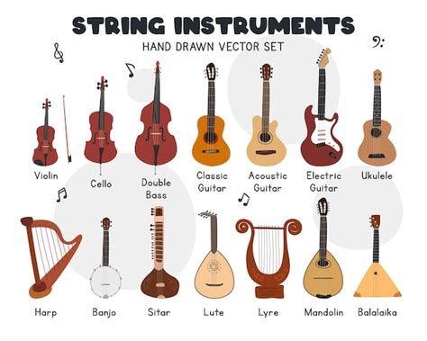 Premium Vector | String instruments vector set. Violin, cello, double bass, acoustic guitar ...