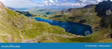 Aerial View of a Beautiful Mountain Lake and Hiking Tracks Near Snowdon, Wales Miner`s Track and ...