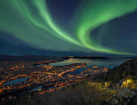 Northern Lights Aurora Borealis Over Harbor Of Bergen City Norway Stock ...