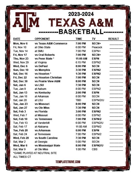 Printable 2023-2024 Texas A&M Aggies Basketball Schedule