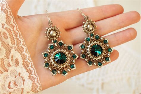 Swarovski crystal earrings beaded emerald earrings beadwork | Etsy