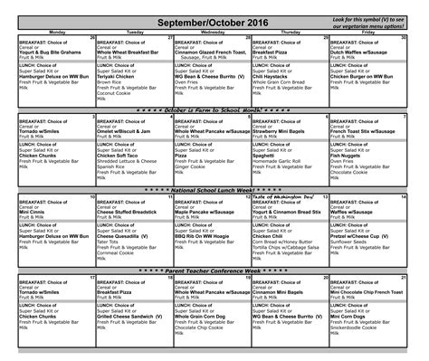 October Lunch Menu - 2016 | Washington Elementary School