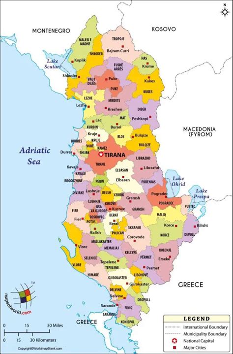 Labeled Map of Albania with States, Capital & Cities