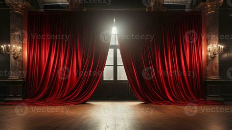 Dramatically Lit Lustrous Red Velvet Theatre Curtains and Wooden Stage Floor. Generative AI ...