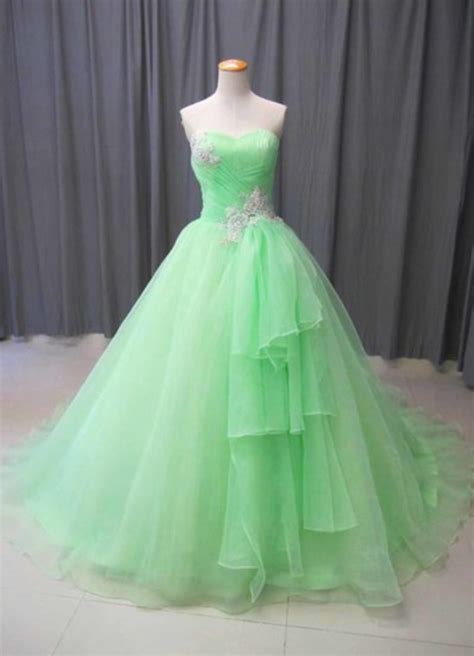 Apple Green Tulle Sweetheart Neck Long Ruffles Evening Dress, Beaded ...