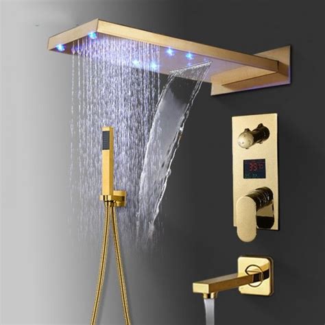 Juno Gold Finish LED Rain Waterfall Bathroom Faucet Shower Head with ...