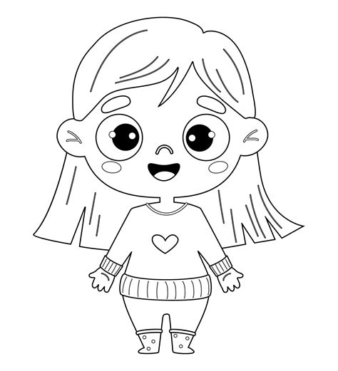 Cute happy kid girl. Outline drawing coloring book. Vector illustration. Childrens collection ...