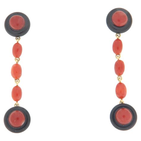 Coral and Onyx 18 Karat Yellow Gold Drop Earrings For Sale at 1stDibs