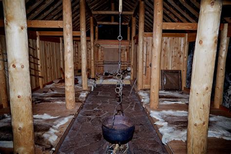 Inside the reconstructed viking longhouse in Qassiarsuk in South Greenland. By Camilla Hey