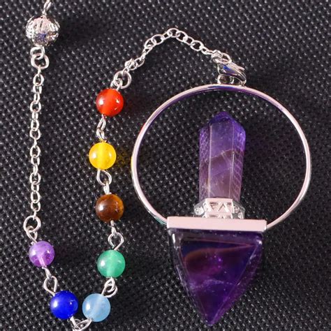 Reiki Healing 7 Chakra Natural Stone Pendulum for Dowsing Hexagonal Prism Pyramid Purple Crystal ...