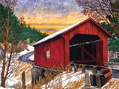 Sunset At The Old Bridge, Vermont by Thelma Winter | FineArtCanvas.com | Covered bridge painting ...