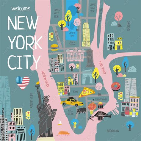 Color stylized tourist map of new York drawn by hand for travel guides ...