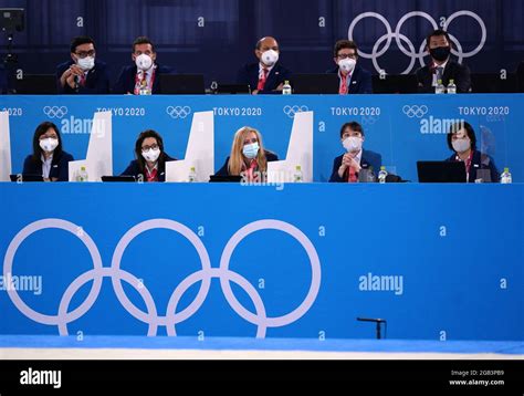 Judges in masks at Ariake Gymnastic Centre on the tenth day of the ...