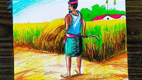 How to draw a farmer harvesting paddy on fields with oil pastels|easy summer season drawing ...