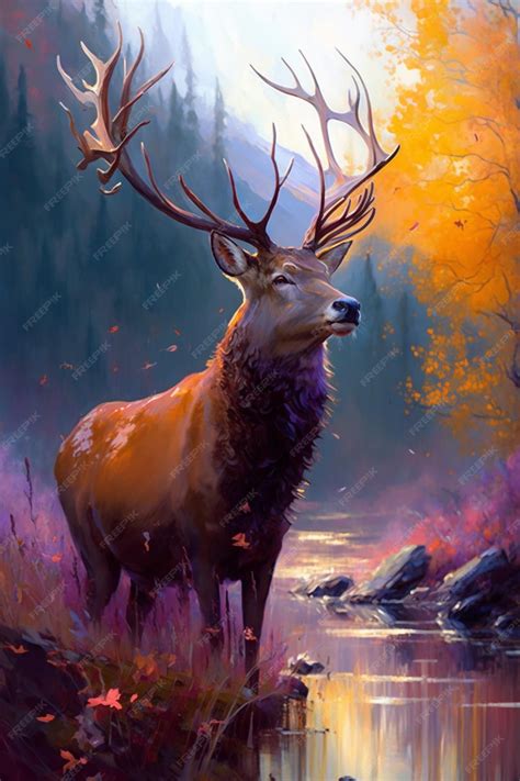 Premium AI Image | A painting of a deer with a full moon in the background