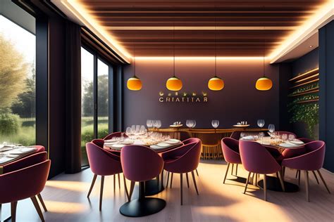 Lexica - A natural light modern restaurant, grape wine pots on wall, high ceiling, 4k, interior ...