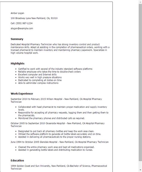 Hospital Pharmacy Technician Resume Examples & Templates