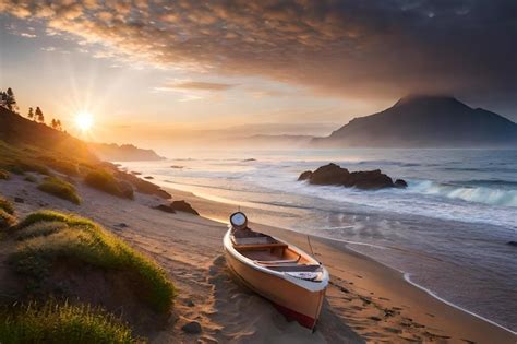 Premium Photo | A boat on a beach at sunset