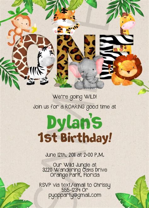 Buy Safari Invitation, Wild ONE, Wild One Birthday Jungle Invitation ...