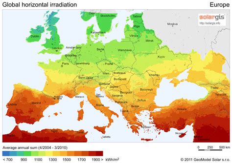 Map of Europe's Solar Potential (The Amount of Incident Solar Energy) : europe