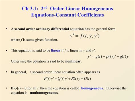 PPT - Ch 3.1: 2 nd Order Linear Homogeneous Equations-Constant ...