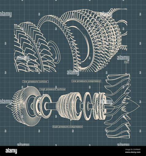 Stylized vector illustration of drawings of a jet engine compressor ...