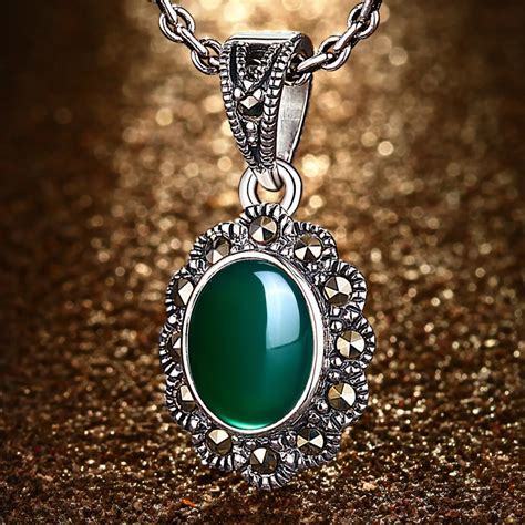 925 silver jewelry lady Natural semi precious stones green green chalcedony Vintage Pendant ...