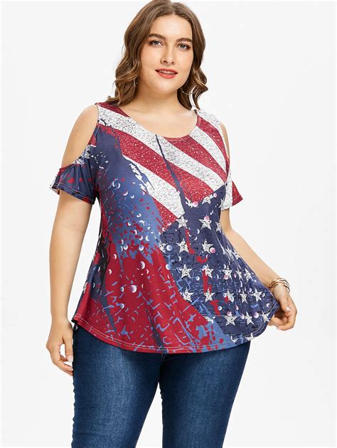 2018 Plus Size Patriotic American Flag Print T Shirt Women Summer O Neck Cold Shoulder Short ...