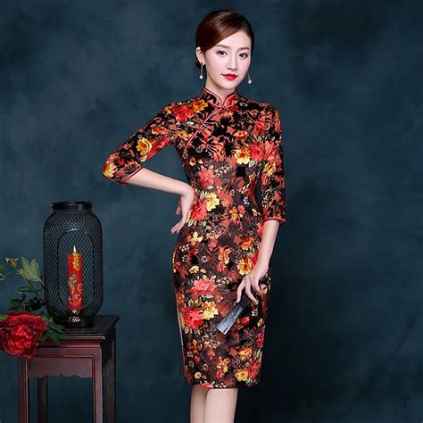 2017 Autumn Fashion Velvet Cheongsam Chinese Traditional Dress Qipao ...