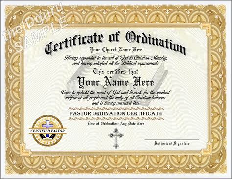 Ordained PASTOR Certificate – Custom printed with your information and Church LOGO | The Id Guru