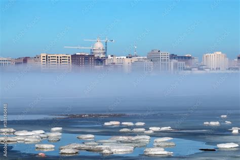 Skyline of Madison Wisconsin and winter mist.Downtown skyline of ...