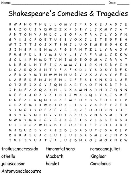 Shakespeare's Comedies & Tragedies Word Search - WordMint