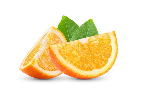 Premium Photo | Orange fruit slice with leaves on white wall.