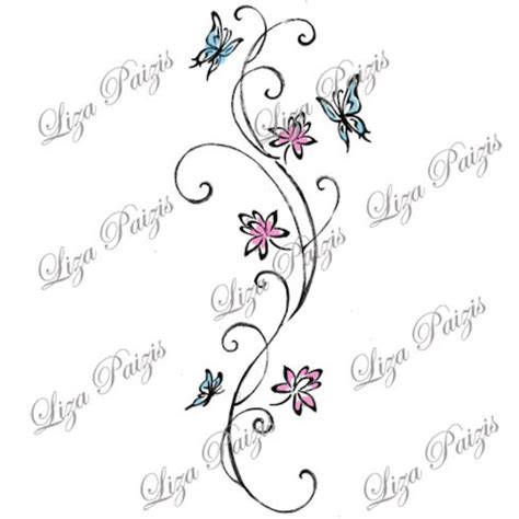 Vine Tattoo With Lotus Flowers and Butterflies With Swirls in Color - Etsy