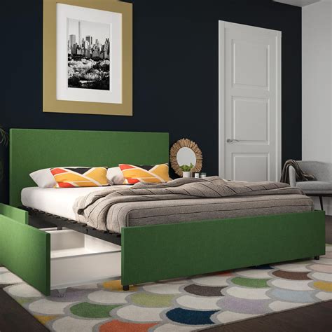 Novogratz Kelly Upholstered Bed with Storage, Green Linen, Full ...