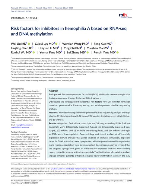 (PDF) Risk factors for inhibitors in hemophilia A based on RNA ‐seq and ...