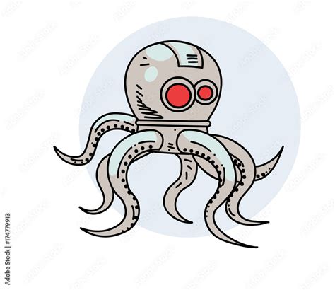 Robot octopus, hand drawn cartoon image. Freehand artistic illustration ...