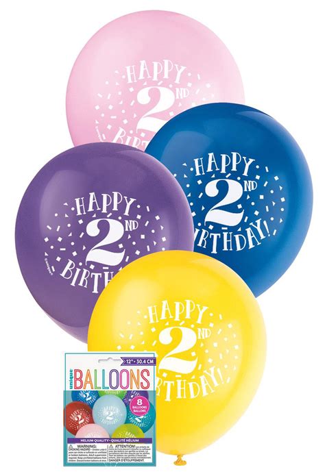 HAPPY 2ND BIRTHDAY 8 X 30CM (12") BALLOONS - ASSORTED COLOURS - EC Living