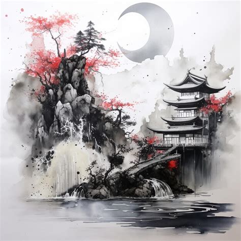 Premium AI Image | Majestic Japanese Landscape Ink Wash Painting