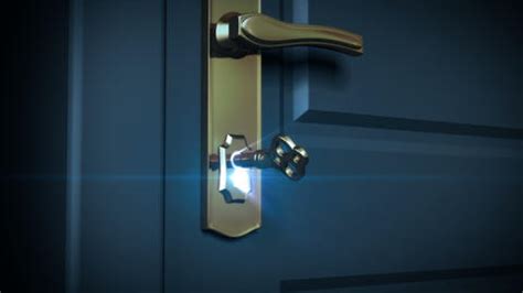 Key Unlocking Lock And Door Opening To A Bright Li Stock Animation ...