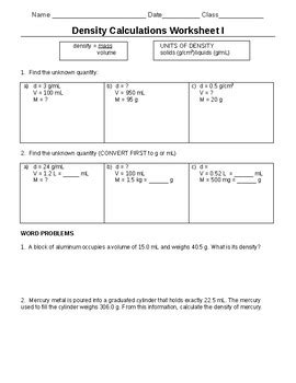 Density Problems Worksheet by Shannon Walters | Teachers Pay Teachers