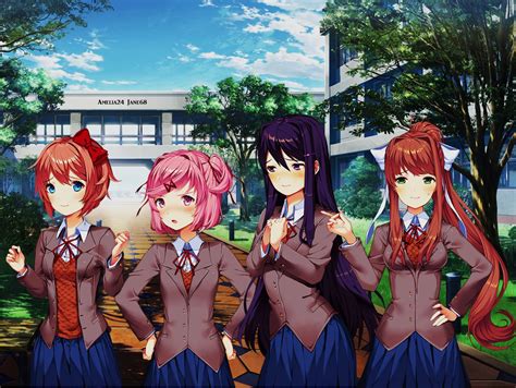 DDLC Sayori, Natsuki, Yuri, Monika (School Wallpaper) - Doki Doki Literature Club (DDLC) Fan Art ...